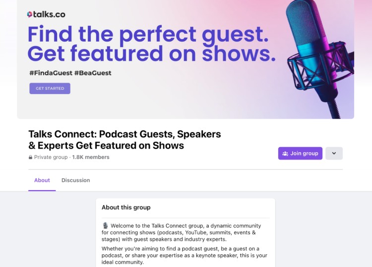 Screenshot of the Talks Connect Facebook group page showing how podcast guests, speakers, and affiliates to make new show connections and collaborations
