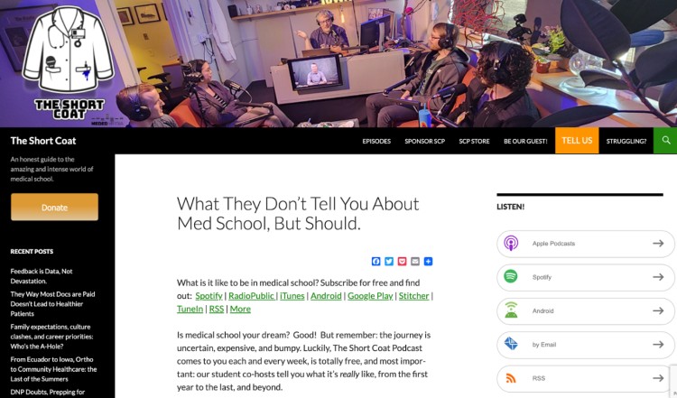 Screenshot of The Short Coat Podcast website featuring students recording a discussion about med school, offering engaging content on the realities of medical education.