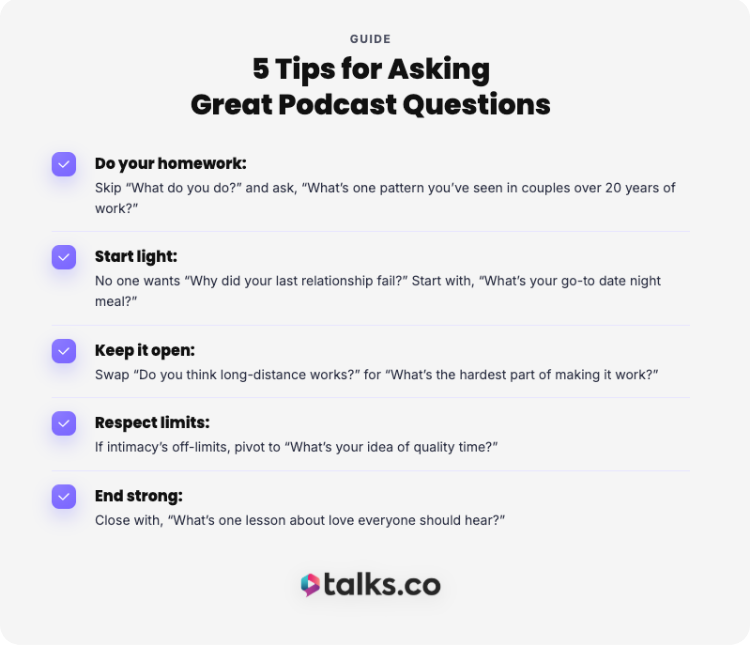 Infographic from Talks.co listing five tips for asking meaningful podcast questions that create engaging and thoughtful interviews.