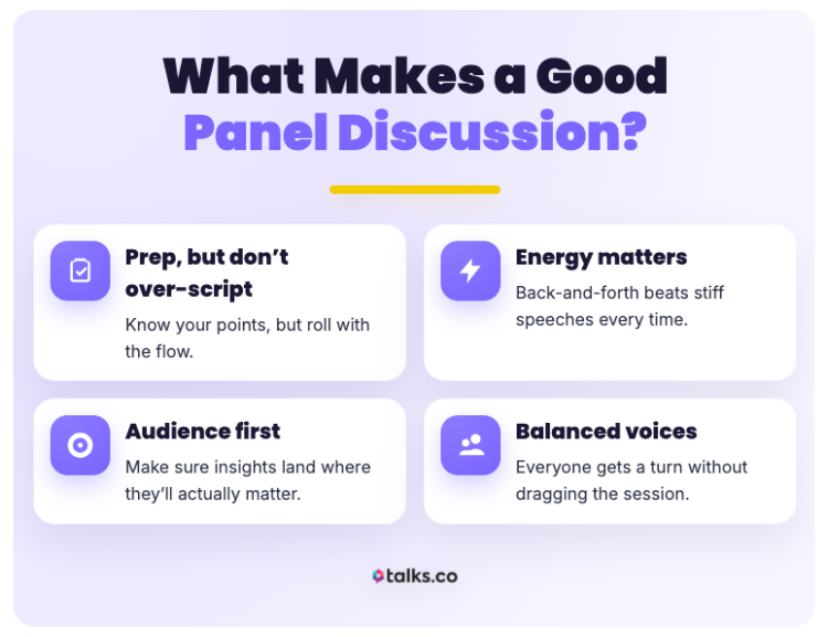 Infographic explaining four key elements for creating a successful panel discussion, including preparation, energy, audience focus, and balanced voices.
