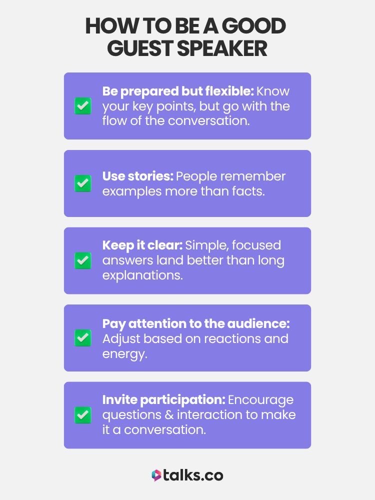 Infographic with five tips on how to be a good potential guest, including preparation, storytelling, clarity, audience awareness, and participation