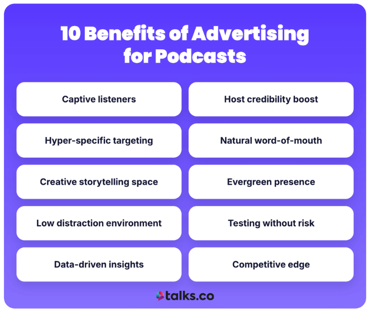 Infographic listing ten key advantages of running a podcast ad, including captive listeners, host credibility, creative storytelling, and data-driven insights.