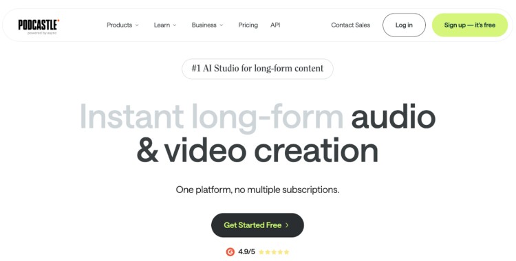 Screenshot of Podcastle homepage promoting unlimited audio and video recording with AI tools for creating long-form content.