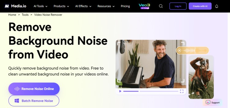 Screenshot of Media.io showing how to remove background noise from video using an online AI-powered noise remover tool with upload and batch options.