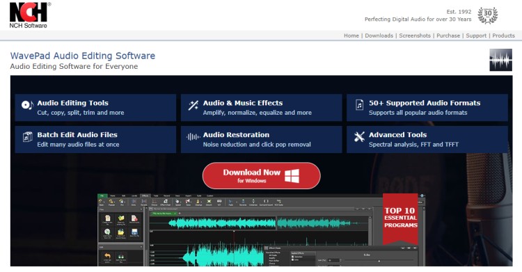 Screenshot of WavePad Audio Editing Software by NCH Software showing tools to fix audio problems such as noise reduction, audio restoration, and batch file editing.