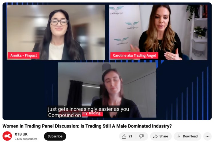 Screenshot of women in trading panel featuring three speakers engaged in a meaningful discussion about gender diversity and challenges in the trading industry.