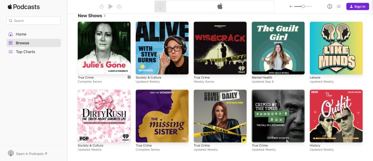 Screenshot of the Apple Podcasts homepage displaying different podcasts in various categories such as true crime, society, culture, and mental health.