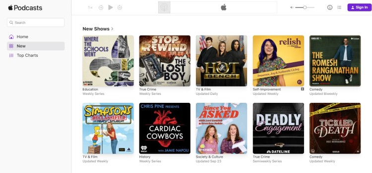 Screenshot of new shows featured in the Apple Podcasts directory, highlighting various genres and demonstrating how users browse apple podcasts for fresh content.