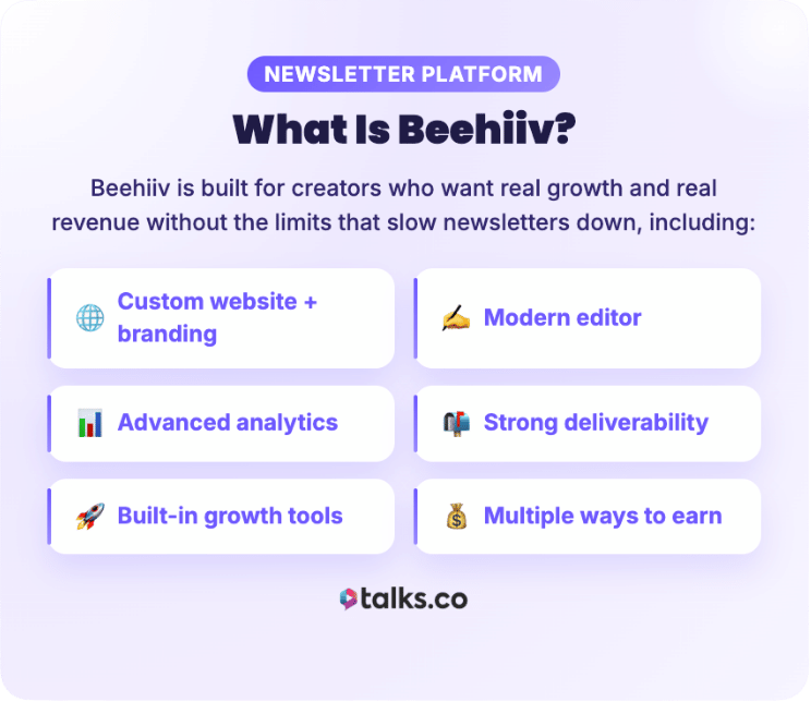 Graphic explaining what beehiiv provides, including custom website, branding tools, analytics, editor, deliverability, and ways to earn