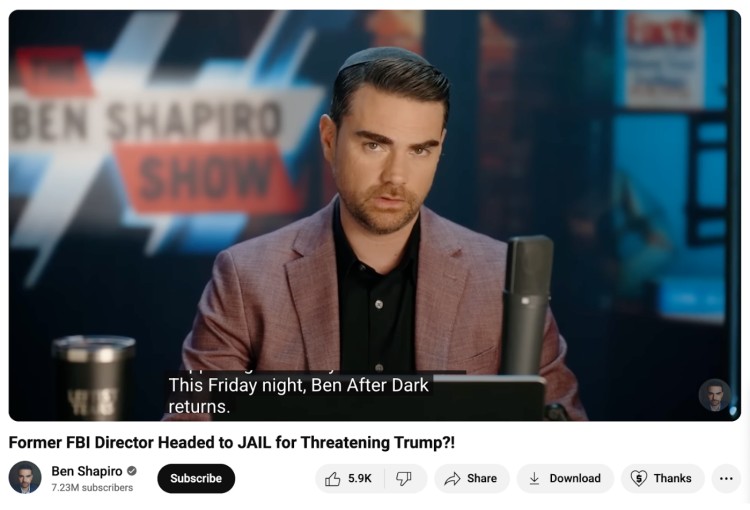Ben Shapiro hosting his show at a studio desk with a microphone, branded background, and polished lighting that creates a professional video presentation.