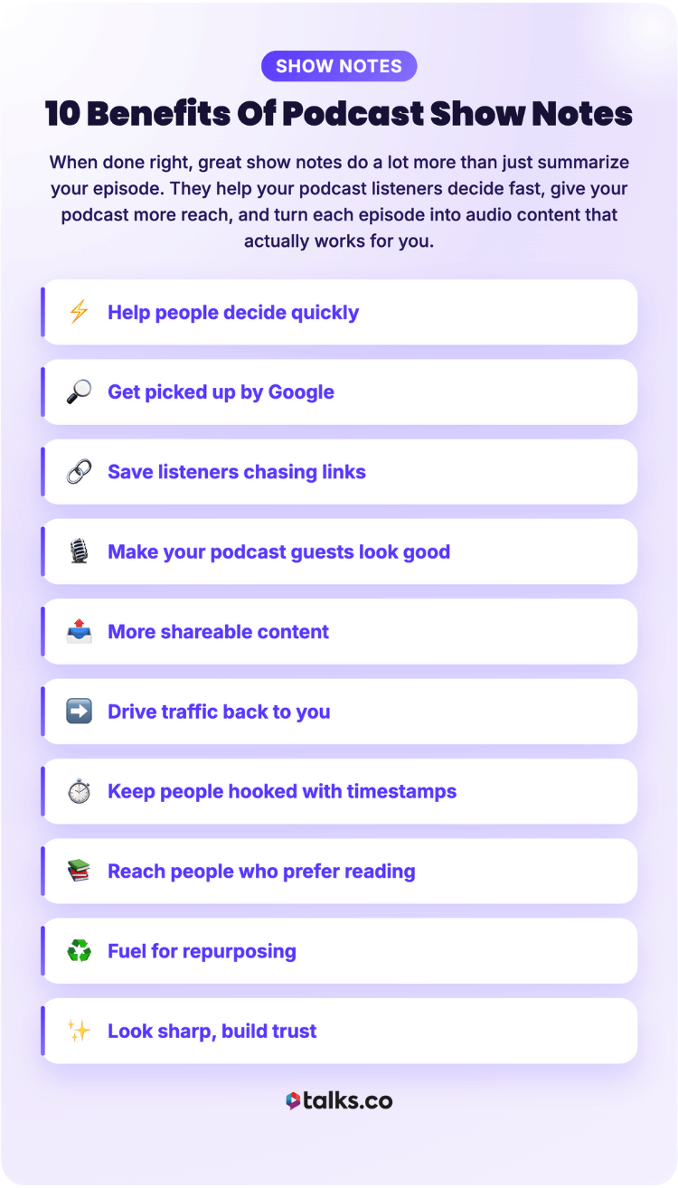 Infographic explaining the top benefits of podcast show notes for podcasting, including improved listener experience, higher shareability, and better SEO visibility.