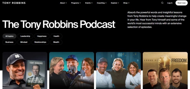 Homepage of The Tony Robbins Podcast showcasing episode thumbnails and categories, highlighting its place among the best interview podcasts.