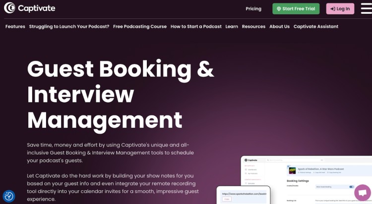 Captivate FM homepage featuring services to help podcasters manage guest booking, automate interview scheduling, and streamline podcast production.