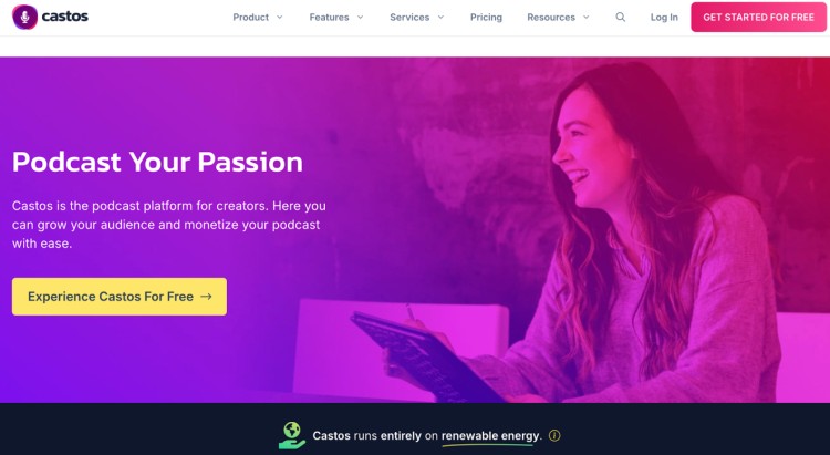 Castos homepage showcasing its platform for video podcast hosting, helping creators grow their audience and monetize their content easily.
