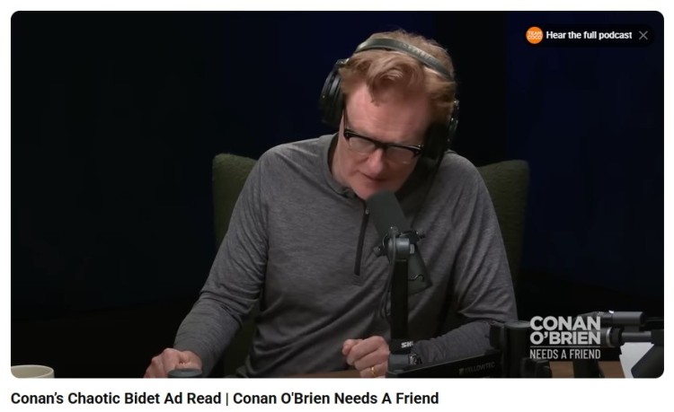 Conan O’Brien recording an episode of his show “Conan O’Brien Needs A Friend,” a popular segment often referenced in podcast ad examples for its humorous and authentic ad reads.