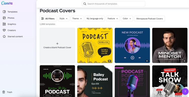 Canva dashboard showing multiple podcast cover templates to help creators create a podcast with professional artwork.