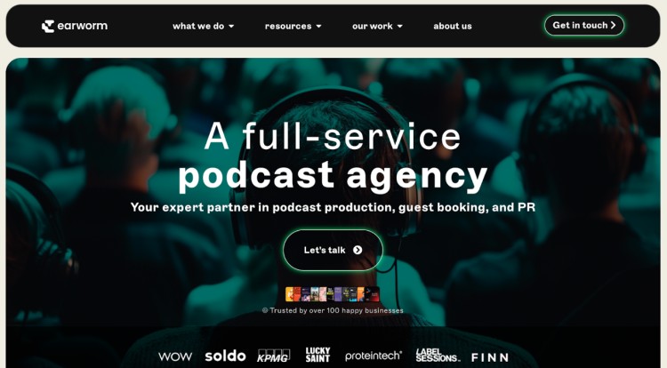 Earworm homepage showcasing a podcast booking agency that helps brands with podcast production, guest booking, and PR through a full-service approach.