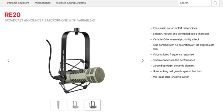 Product display of the Electro-Voice RE20 broadcast microphone with a list of standout features of this mic, including Variable-D control, smooth sonic character, no off-axis coloration, and studio-grade performance.