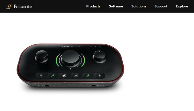 Focusrite Vocaster Two podcast mixer shown on a clean white background.