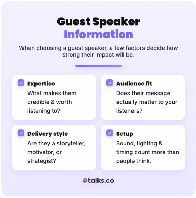 Infographic listing key guest speaker information for a virtual event, including expertise, audience fit, delivery style, and setup considerations.