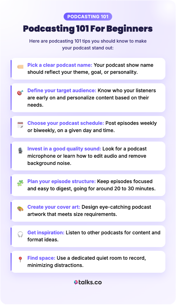 Guide to podcasting for beginners showing a step by step checklist covering podcast names, target audience, scheduling, sound quality, cover art, inspiration, and recording space.