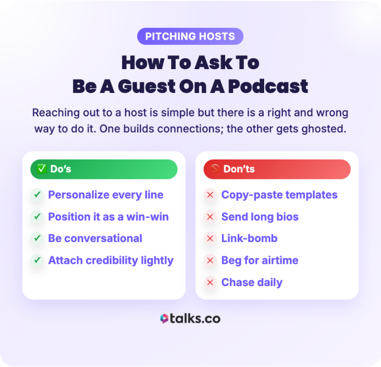 Graphic showing do’s and don’ts for anyone trying to become a guest on a podcast, including tips like personalizing every line, being conversational, avoiding long bios, and not copy-pasting templates.