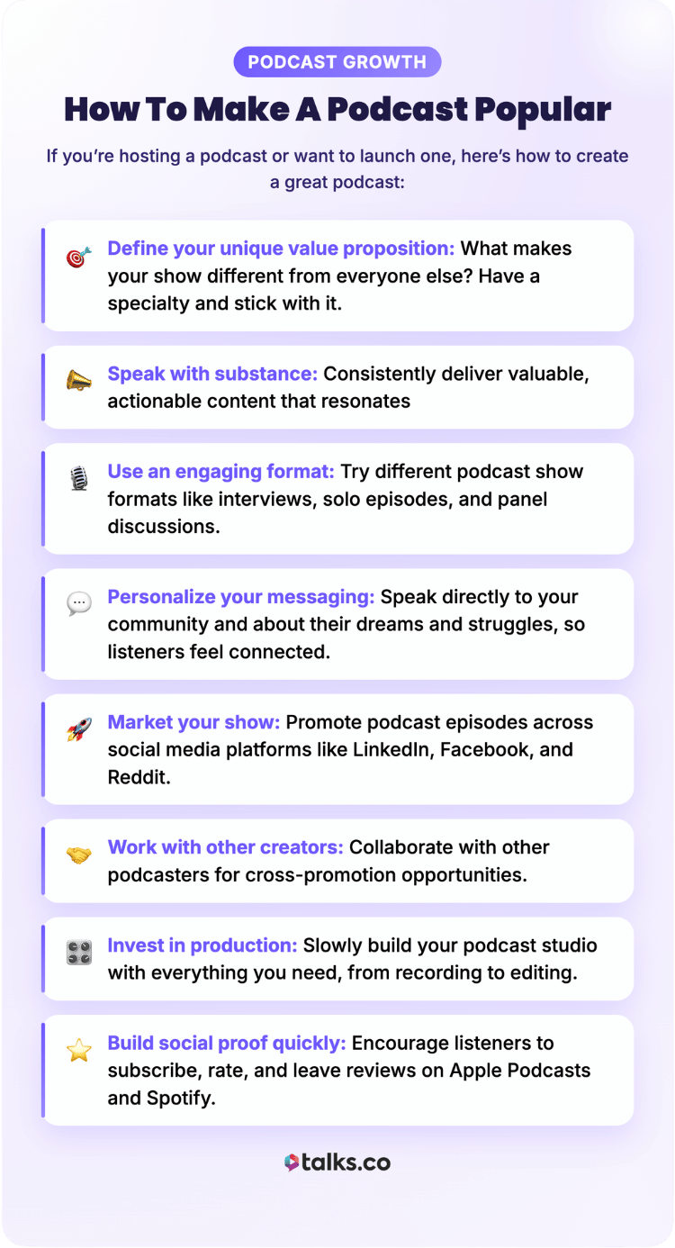 Infographic explaining steps to make popular podcasts through unique value, messaging, collaboration, production, and marketing.