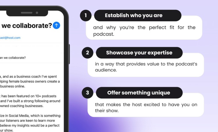 Visual guide showing three steps for pitching yourself to a podcaster, including establishing who you are, showcasing your expertise, and offering something unique to the host.