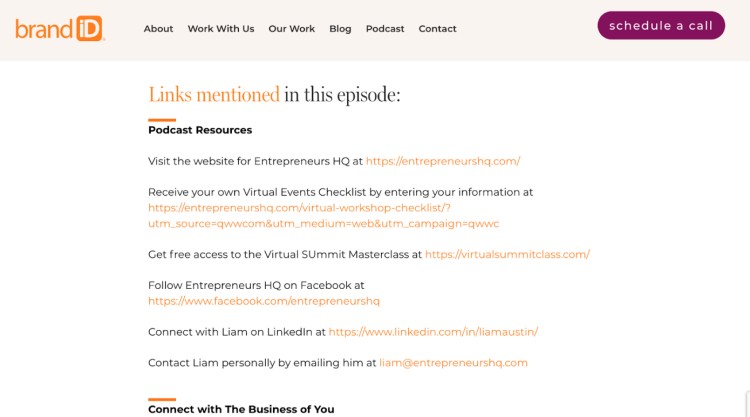 Podcast episode shownotes with a call to action that includes links to resources like the website, virtual events checklist, masterclass, and social media connections.