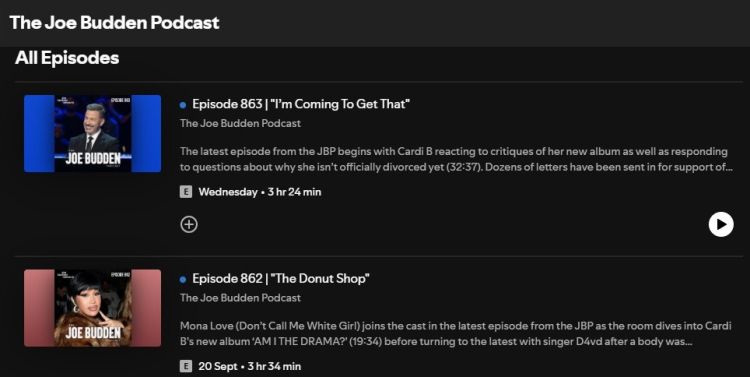 Episode list from The Joe Budden Podcast showing recent long-form discussions that captivate listeners with commentary and cultural debates.
