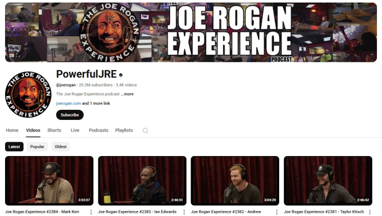 YouTube channel page for the Joe Rogan Experience showing Joe Rogan interviews and recent podcast episodes.