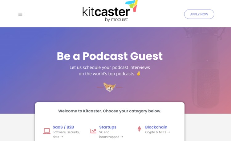 Kitcaster homepage promoting podcast booking services that help entrepreneurs and experts reach new audiences through top podcast interviews.