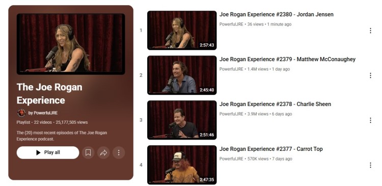 Screenshot showing the latest JRE podcast episodes on YouTube, including recent guests such as Jordan Jensen, Matthew McConaughey, and Charlie Sheen.