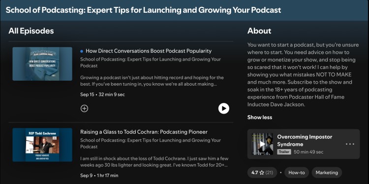 Screenshot of a podcast directory page showcasing expert tips for launching a podcast with episode listings and show description.