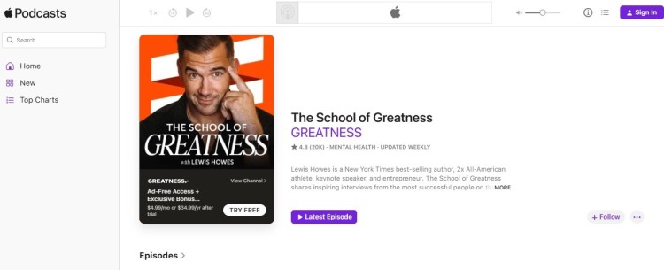 Screenshot of The School of Greatness podcast page on Apple Podcasts, showing Lewis Howes and how his show helps people directly through inspiring interviews.