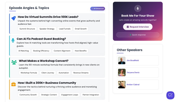 Screenshot of Liam Austin’s Talks.co profile showing multiple episode angles, each focused on a specific topic such as virtual summits, AI podcast booking, workshop conversions, and building a business community.