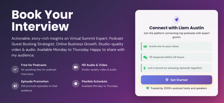 Example of a podcast one-sheet featuring Liam Austin’s “Book Your Interview” section that highlights his availability, HD recording setup, and episode promotion benefits for podcast hosts.