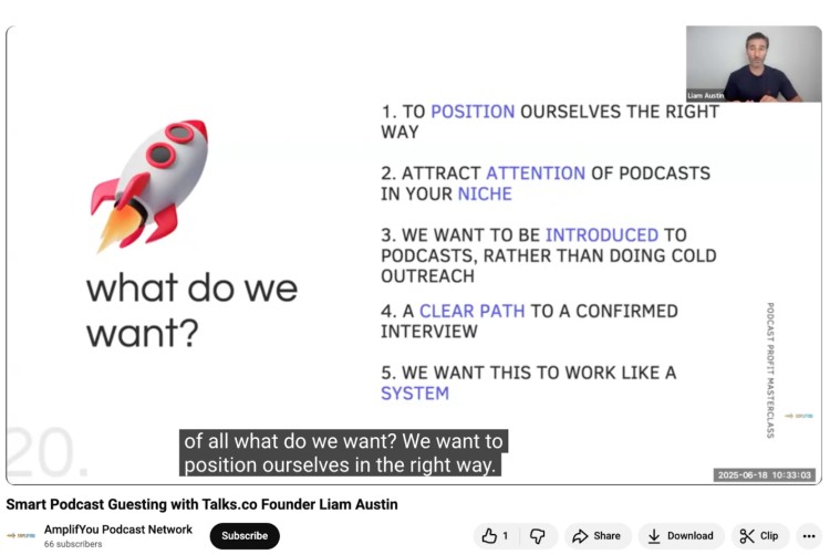 Liam Austin presenting a slide during a session titled "Smart Podcast Guesting," explaining how to position yourself and attract podcasts using structured video content.