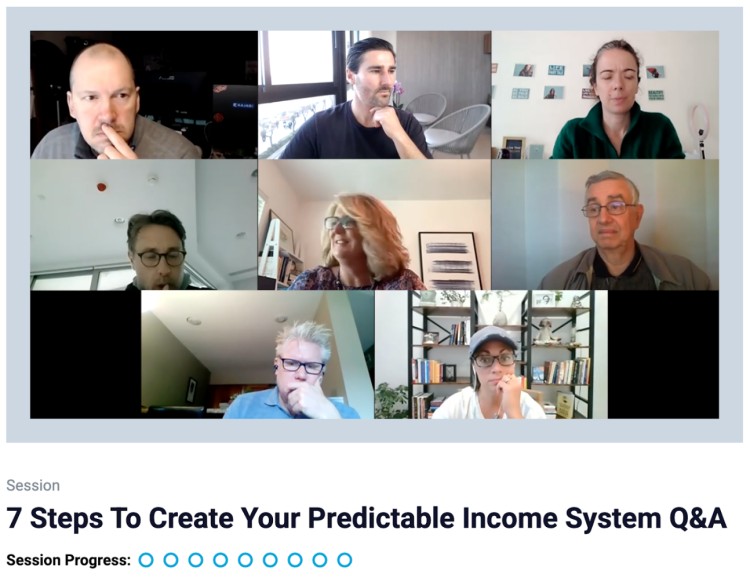 Screenshot of Liam hosting a webinar during a live Q&A session with multiple attendees, discussing the 7 steps to create a predictable income system.