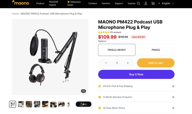 Product page showing the Maono PM422 USB microphone kit with boom arm, pop filter, and headphones, highlighting that the complete setup is suitable for podcasting.