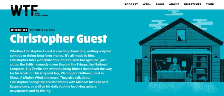 Screenshot of Maron’s podcast episode featuring Christopher Guest, showing the episode title, description, and illustrated artwork.