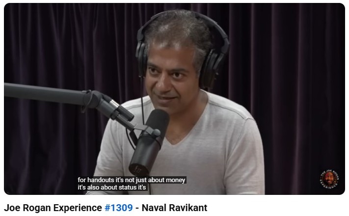 Naval Ravikant speaking on the Joe Rogan Experience podcast, offering deep wisdom on wealth, success, and personal growth.