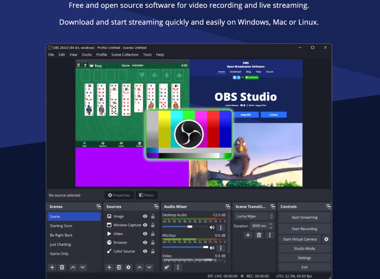 OBS Studio interface showing multiple scenes, audio controls, and screen capture tools used to create and stream high-quality video content.
