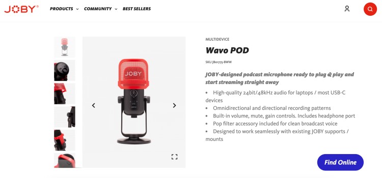 Product page showing the JOBY Wavo POD microphone, highlighting podcast equipment features like plug and play setup, pop filter, and gain controls.