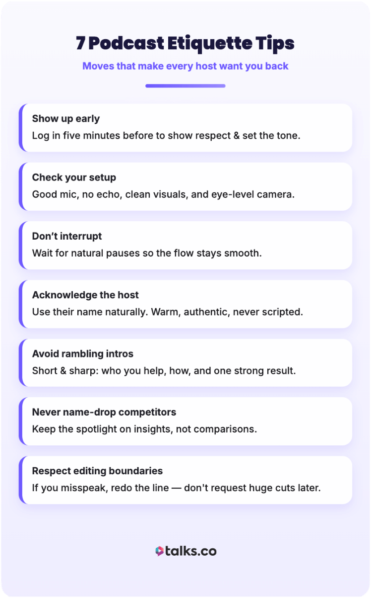 Infographic showing the best tips for podcast etiquette, including showing up early, checking your setup, not interrupting, acknowledging the host, avoiding rambling intros, never name-dropping competitors, and respecting editing boundaries.