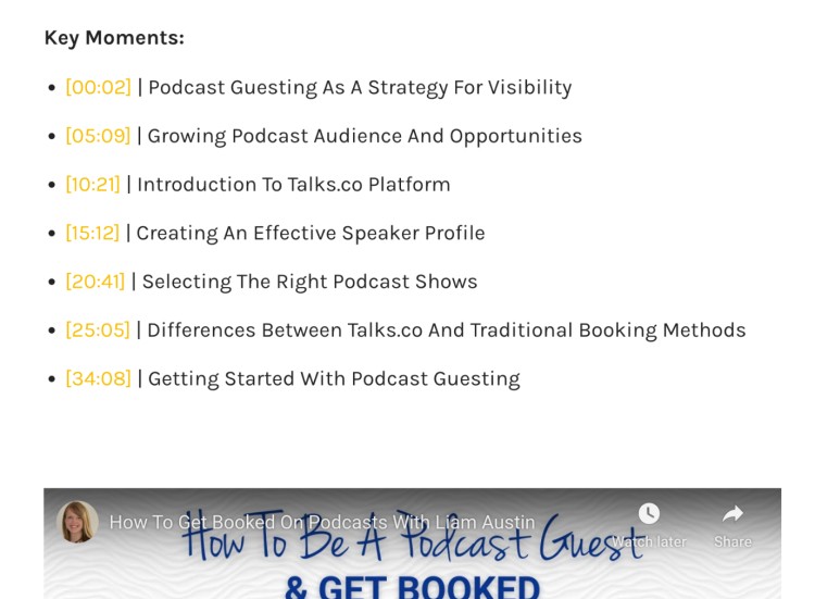 Screenshot of podcast episode key points showing timestamps and topic breakdowns, including sections on visibility, Talks.co, speaker profiles, and podcast guesting.