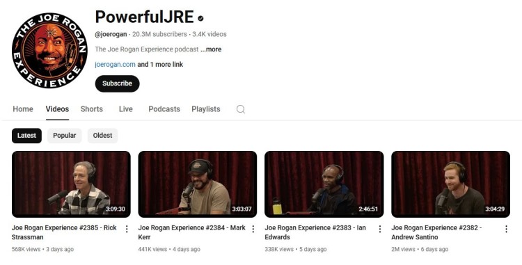 Screenshot of the PowerfulJRE YouTube channel showing recent video podcasts from the Joe Rogan Experience, featuring guests Rick Strassman, Mark Kerr, Ian Edwards, and Andrew Santino.