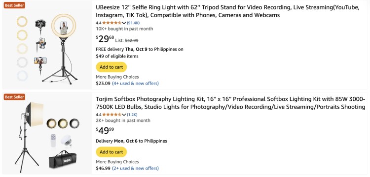 Affordable lighting kits on Amazon that help you record your podcast with clear, well-lit video, including a selfie ring light and a softbox lighting setup.