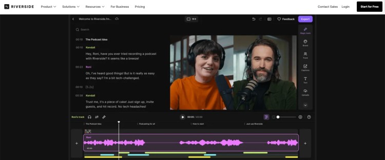 Screenshot of the Riverside recording interface showing two hosts on camera, used to illustrate how creators get booked as a podcast guest.