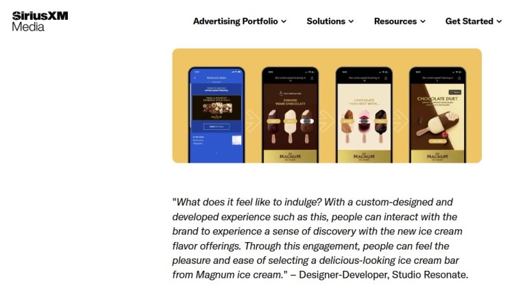 SiriusXM Media digital marketing campaign example showcasing an interactive mobile ad for Magnum ice cream that engages users through flavor selection and immersive brand storytelling.